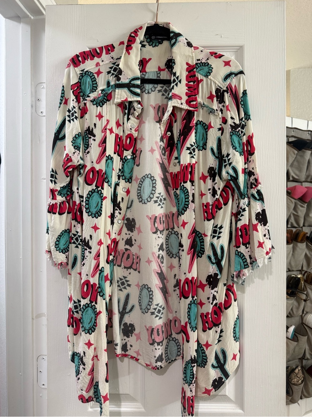Graphic Button-Down Shirt - White with Teal & Red Print